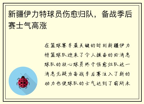新疆伊力特球员伤愈归队，备战季后赛士气高涨