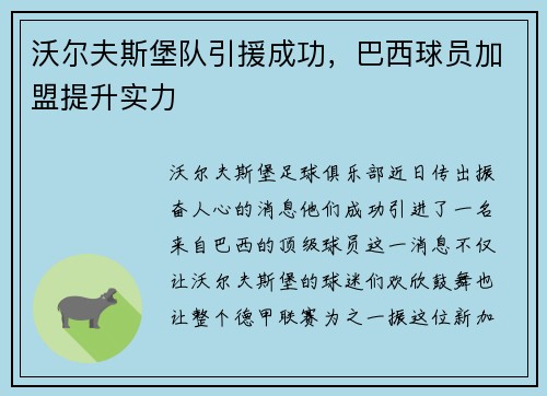 沃尔夫斯堡队引援成功，巴西球员加盟提升实力