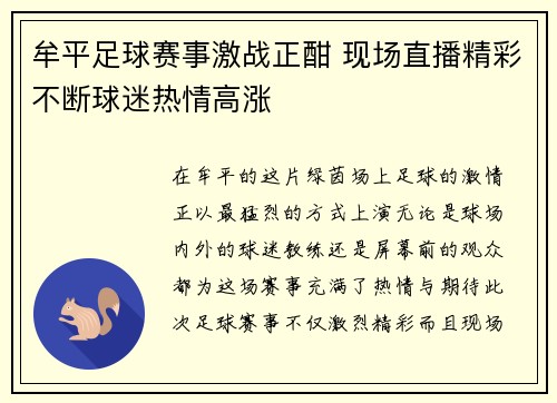 牟平足球赛事激战正酣 现场直播精彩不断球迷热情高涨